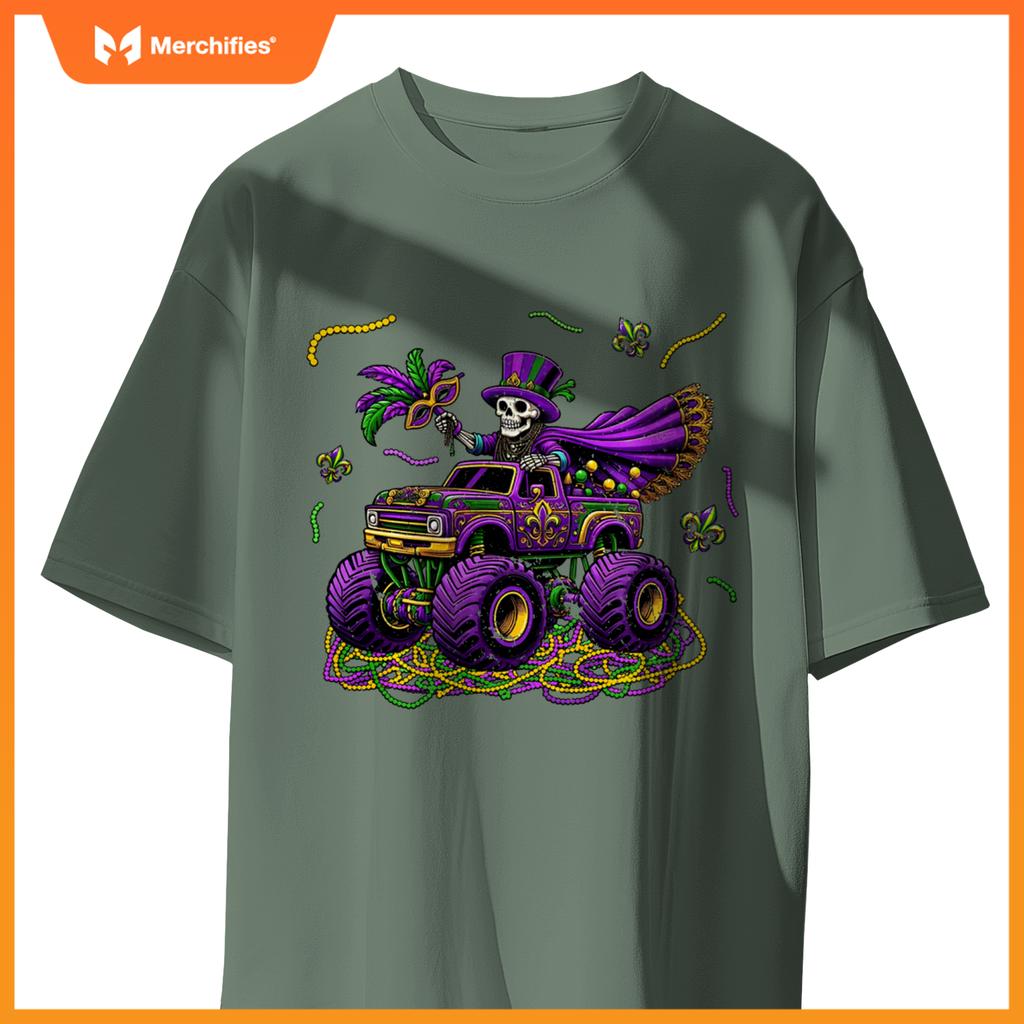 Mardi Gras Monstser Truck Skeleton Beads Mask Carnival T-Shirt