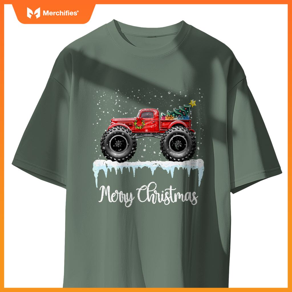 Merry Christmas Red Monster Truck Old Fashioned Xmas T-Shirt