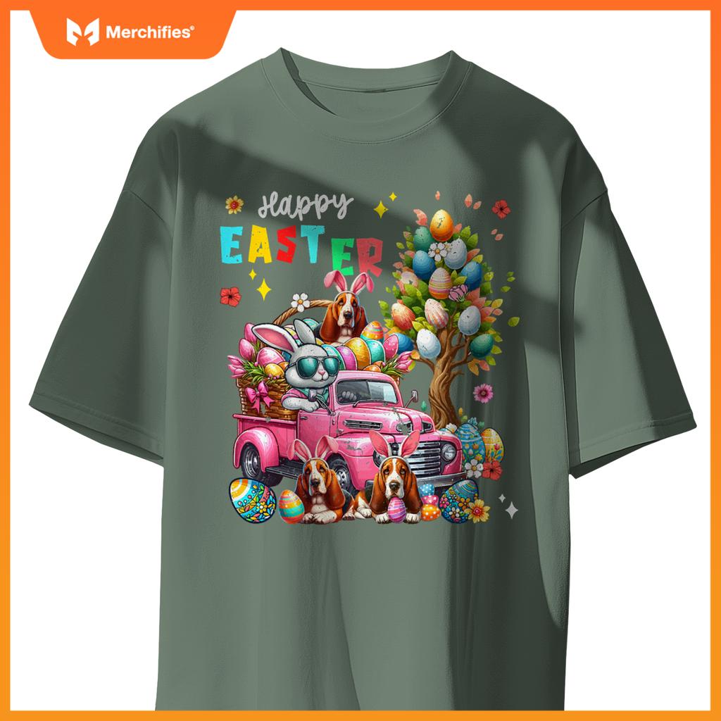 Happy Easter Three Cute Bunny Basset Hounds On Pickup Truck T-Shirt