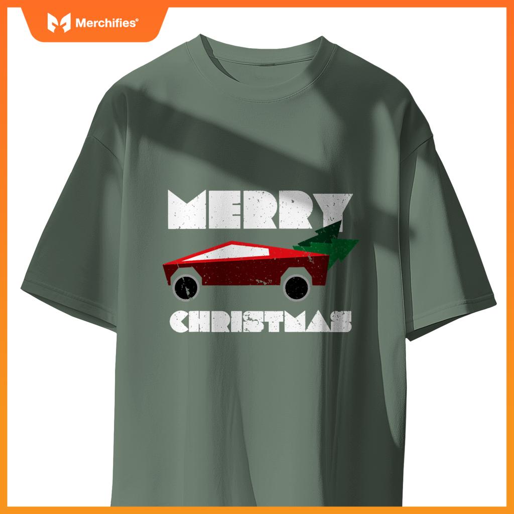 Futuristic Cyber Red Truck Pickup Christmas Tree Kids Men T-Shirt