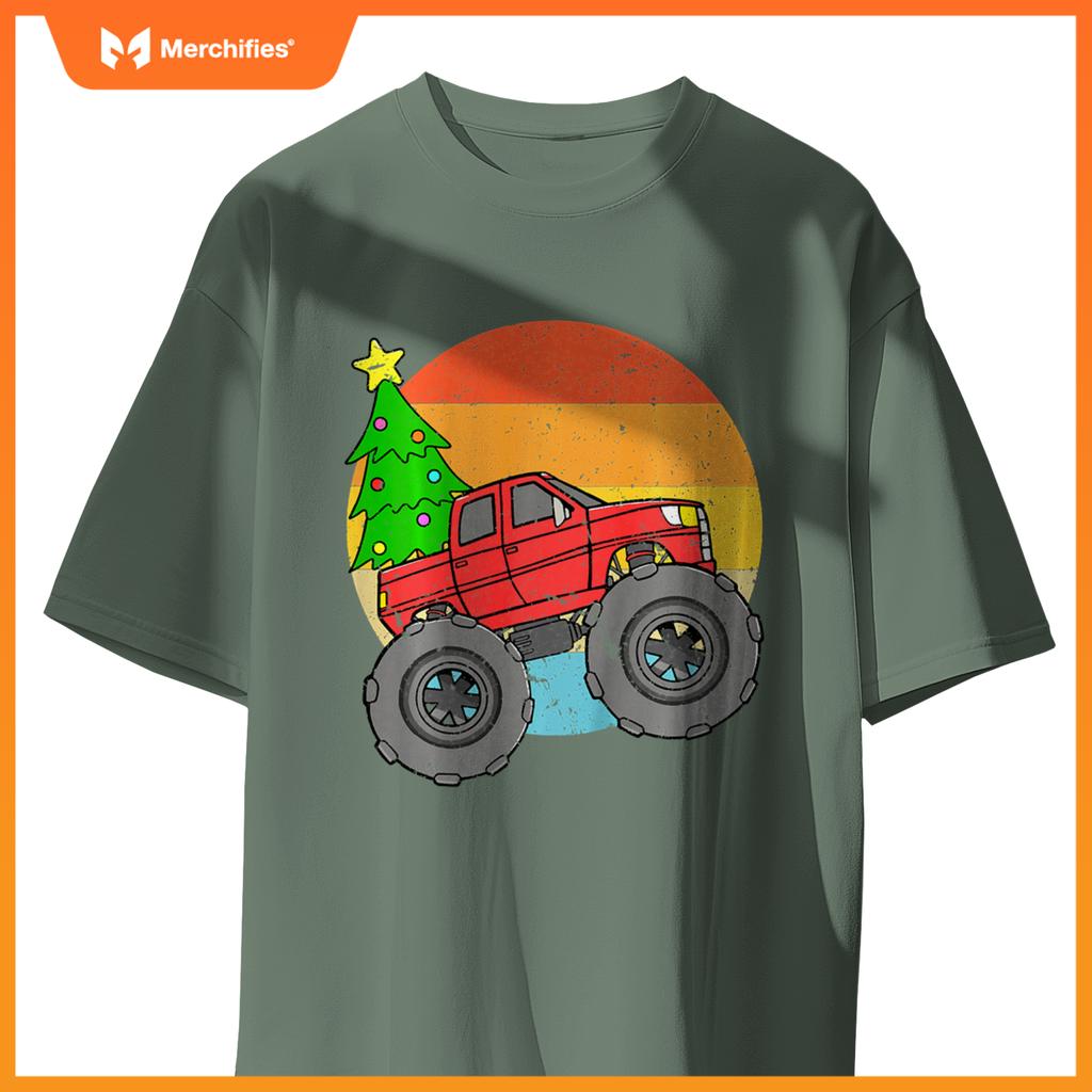 Kids Vintage Sunset Christmas Tree Monster Truck Retro Boys Girls T-Shirt