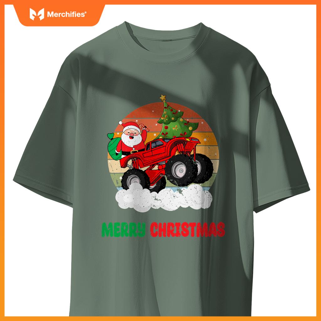 Kids Merry Xmas Santa Monster Truck Christmas Tree Light T-Shirt