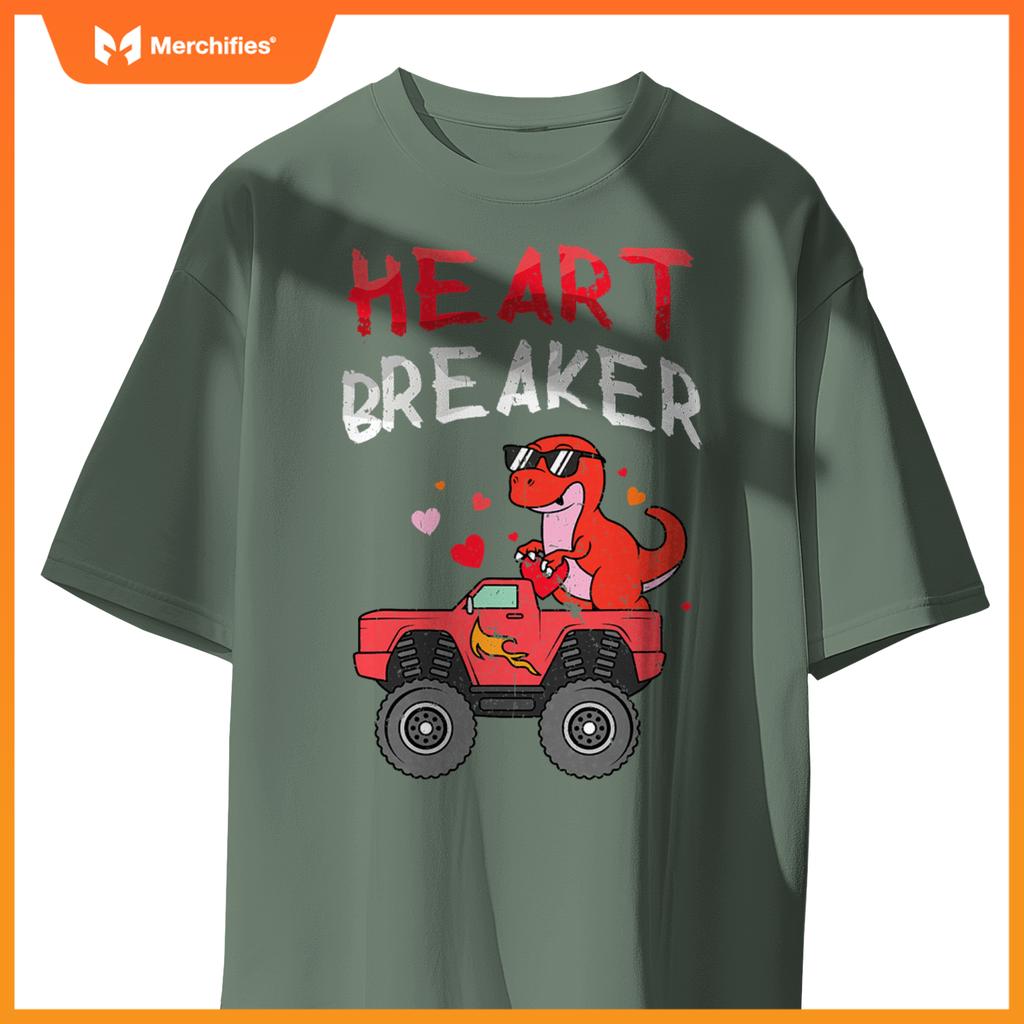 Kids Dinosaur Monster Truck Break Hearts Happy Valentines T-Shirt