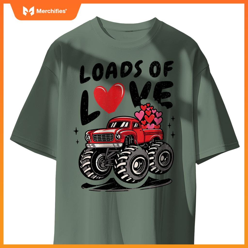 Loads Of Love Monster Truck Lovers Men Valentine's Day Heart T-Shirt