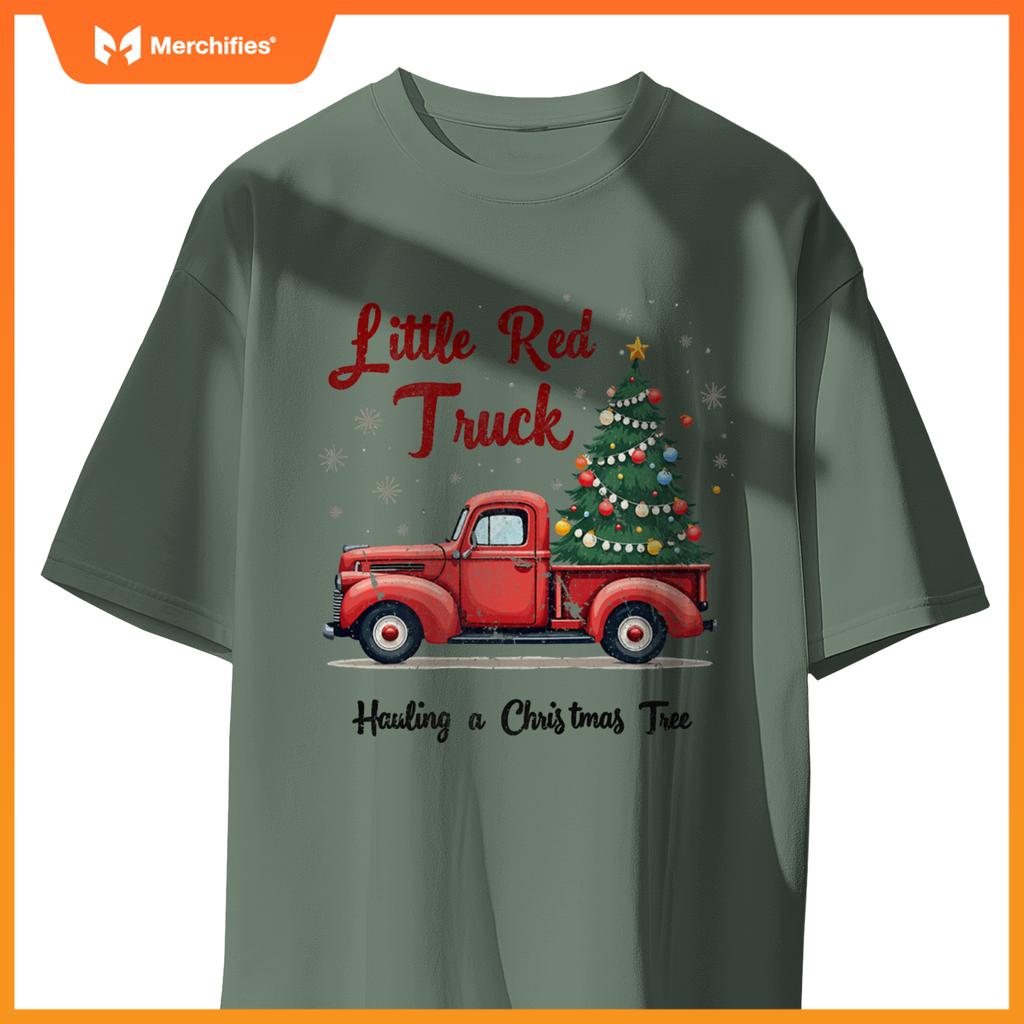 Little Red Truck Hauling A Christmas Tree Family Matching T-Shirt