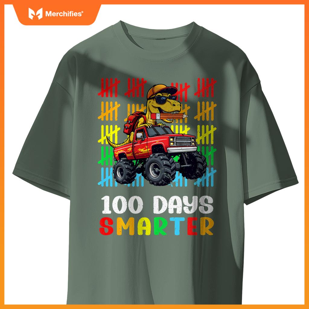 Monster Truck Dinosaur Boys 100 Days of School T-Rex Kids T-Shirt