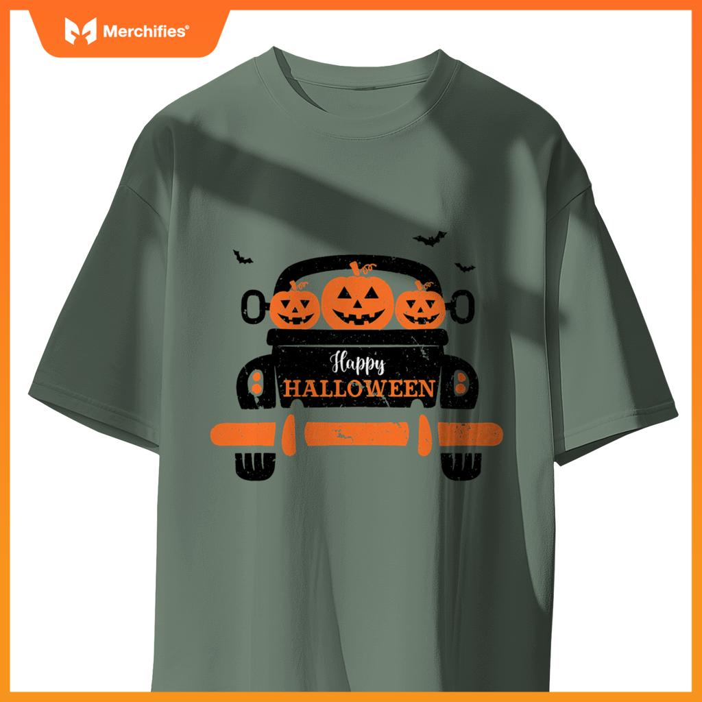 Happy Halloween Pickup Truck Spooky Jack O Lanterns And Bats T-Shirt