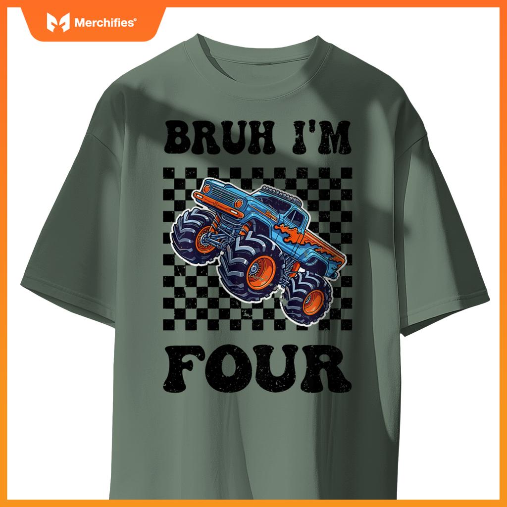 Kids 4 Years Old Boy Girl Bruh Im 4 Birthday Boys Monster Truck T-Shirt