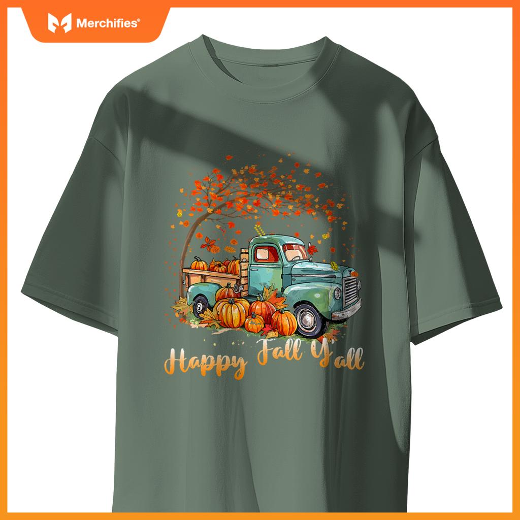 Happy Fall Y'all Pumpkin Truck Autumn Tree Fall Thanksgiving T-Shirt