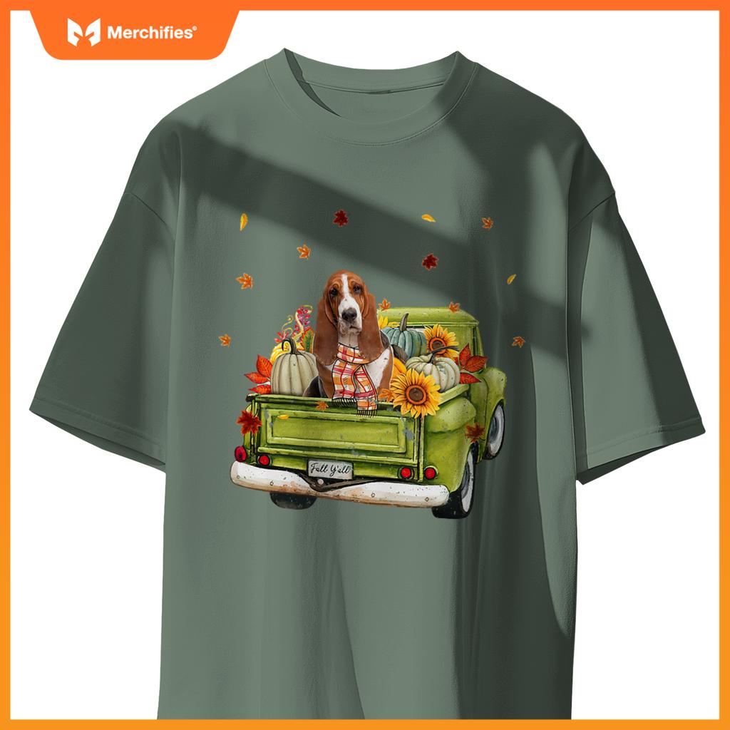 Happy Fall Yall Basset Hound Dog On Truck Pumpkin Fall T-Shirt