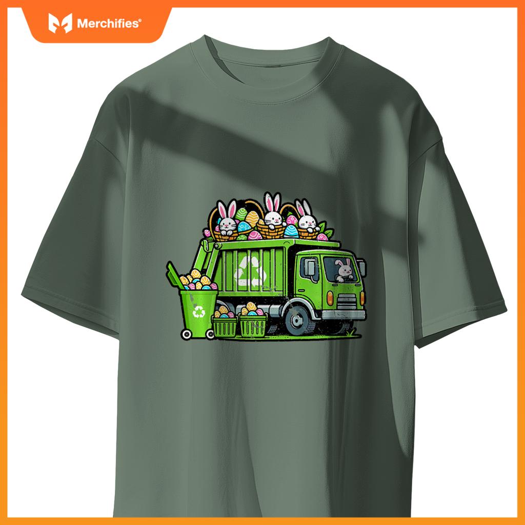 Kids Happy Easter Day Rabbit Lover Bunny Riding Garbage Truck T-Shirt