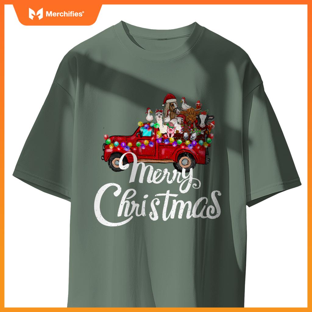 Merry Christmas Cute Christmas Farm Animal Truck T-Shirt