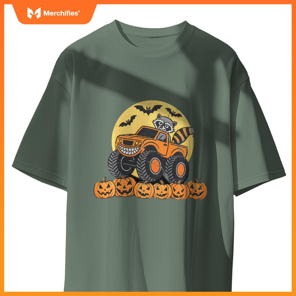Kids Halloween Monster Truck Driven By A Raccoon School Kids T-Shirt