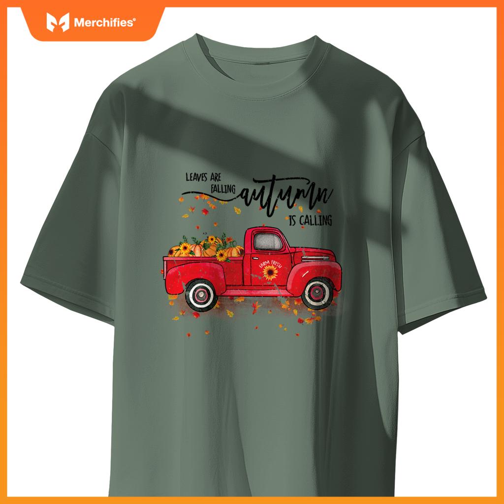 Leaves Are Falling Autumn Is Calling Red Truck Pumpkins T-Shirt