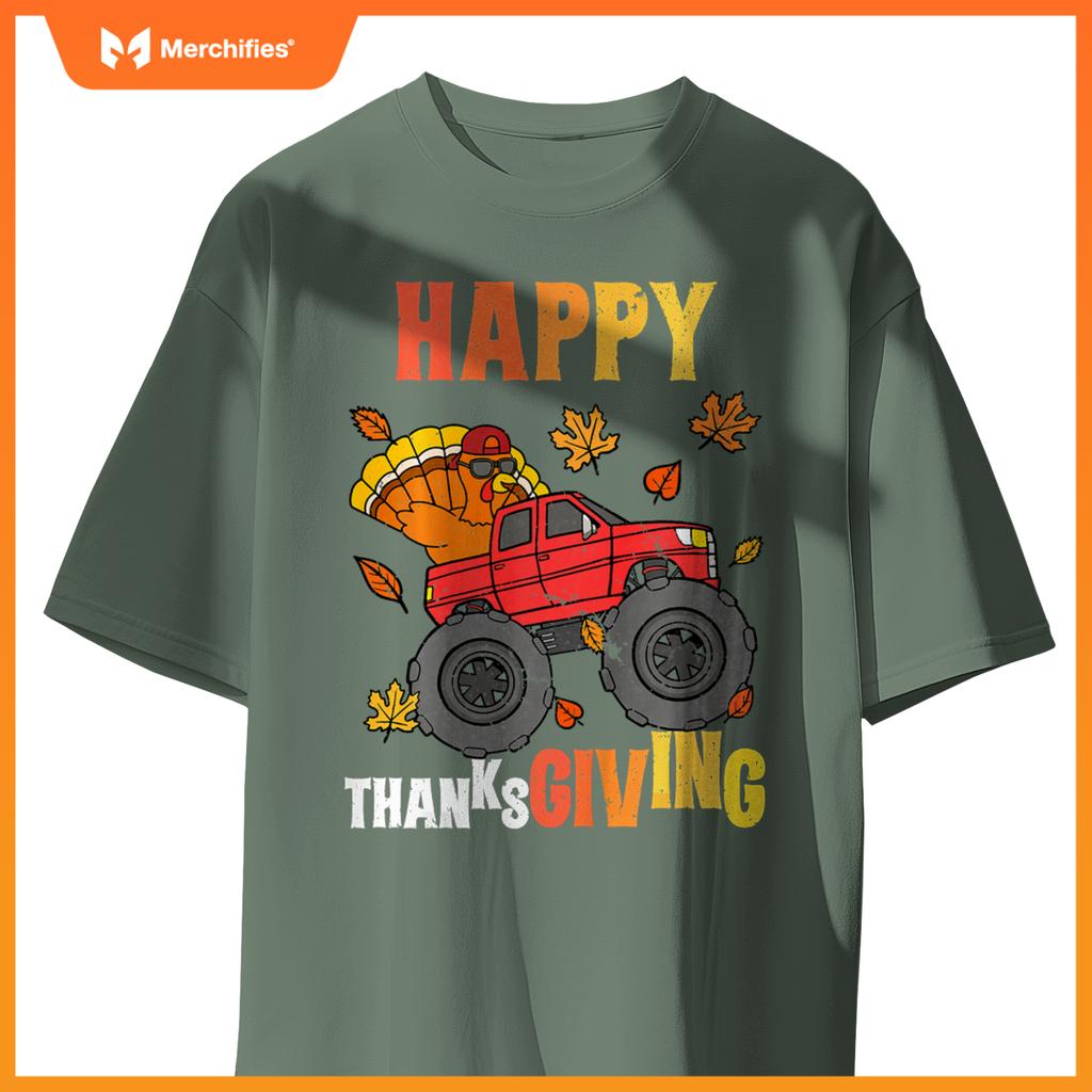 Kids Monster Truck Turkey Happy Thanksgiving Boys Girls T-Shirt