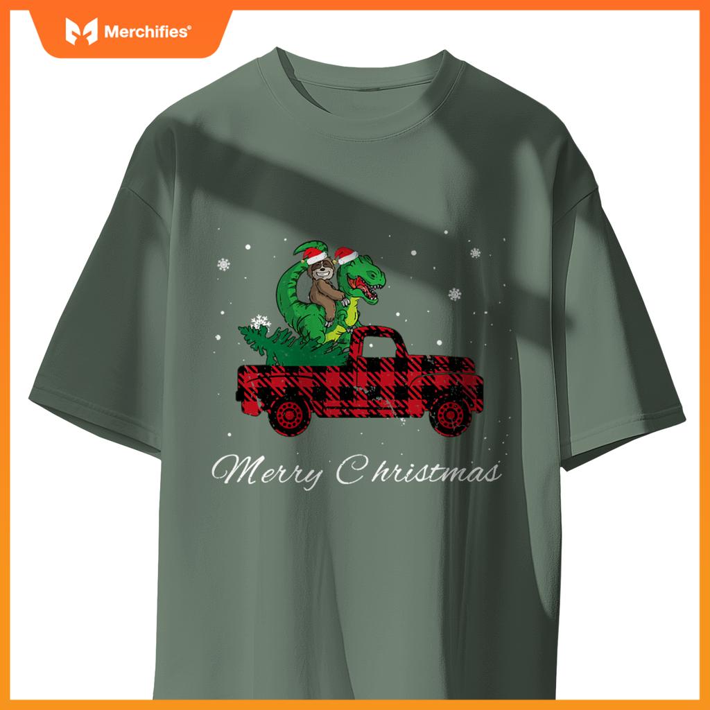 Merry Christmas Red Plaid Truck With Sloth Riding Dinosaur T-Shirt