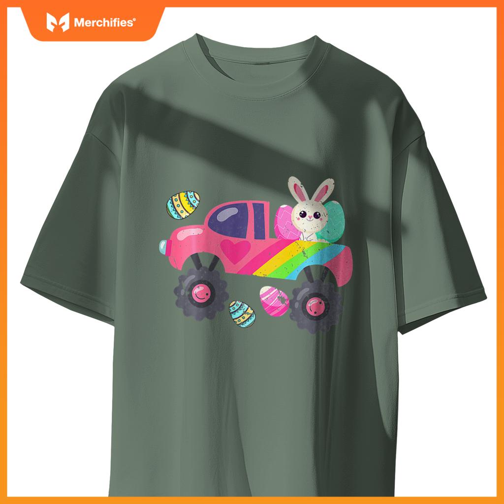 Kids Cute Bunny Rabbit Happy Easter Monster Truck Kids Egg Hunt T-Shirt