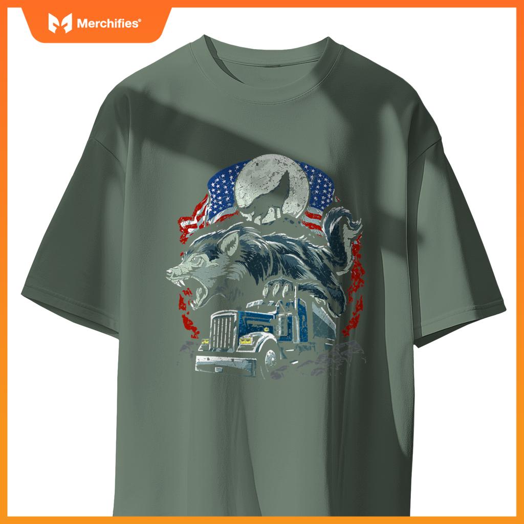 Mens Usa Flag Truck Howling Wolf American Patriotic Trucker T-Shirt
