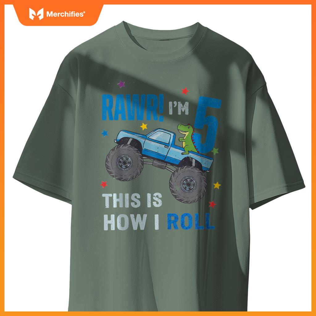 Monster Truck 5 Year Old 5th Birthday Party Trex Dinosaur T-Shirt