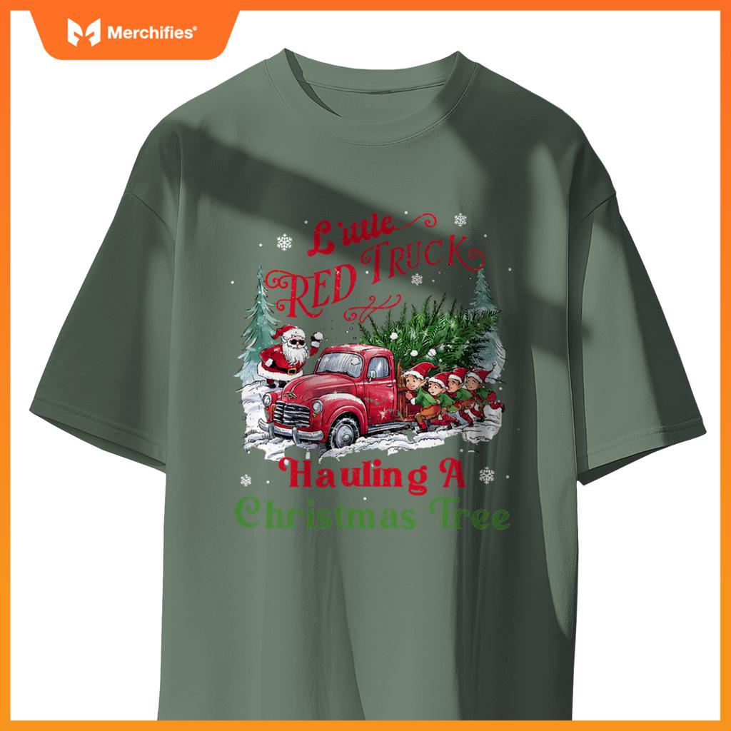 Little Red Truck Hauling A Christmas Tree Xmas Trendy T-Shirt