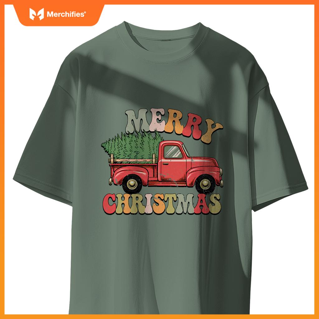 Groovy Wagon Red Car Merry Christmas Tree Truck Xmas Family T-Shirt