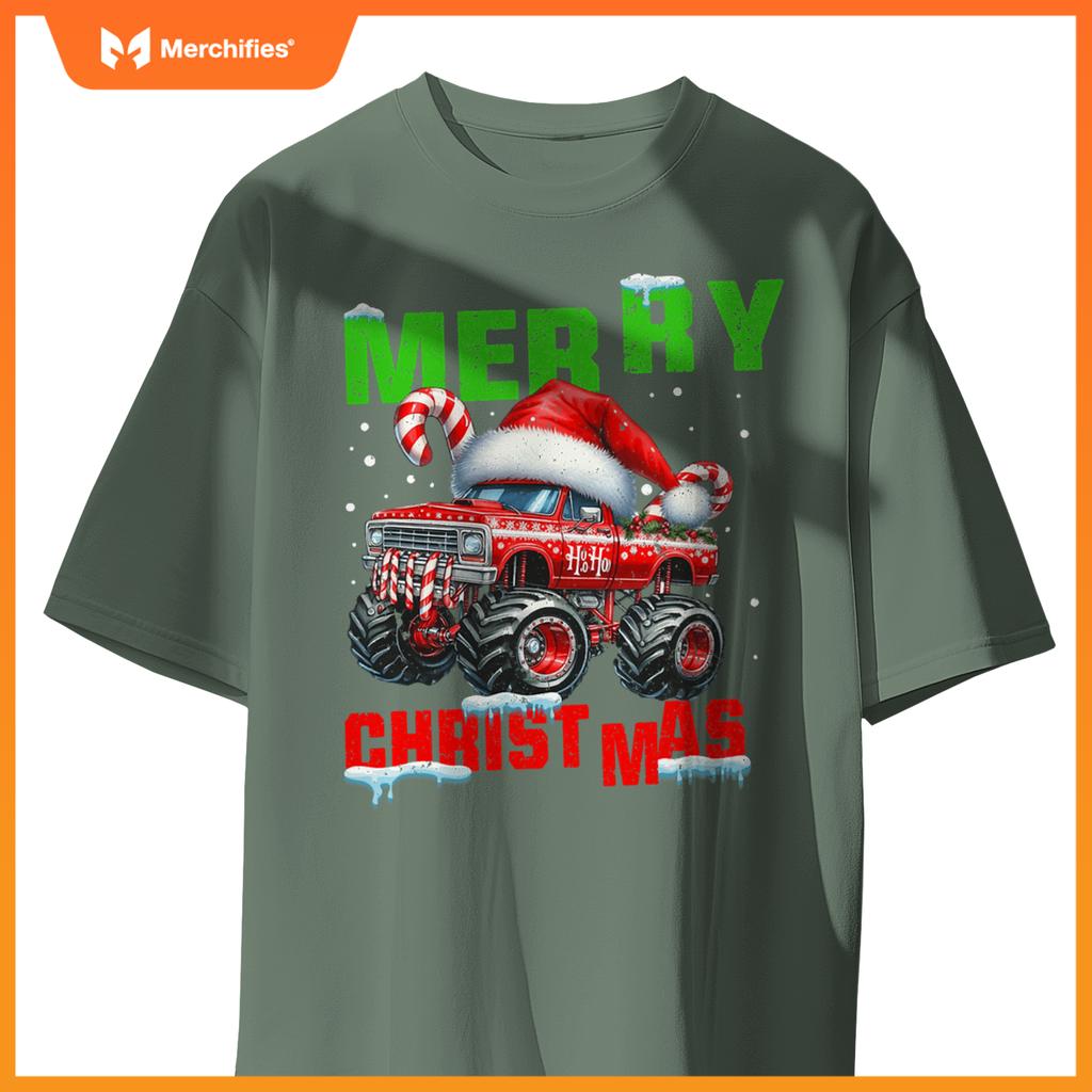 Merry Christmas Monster Truck Xmas Santa Hat Boys Kids T-Shirt