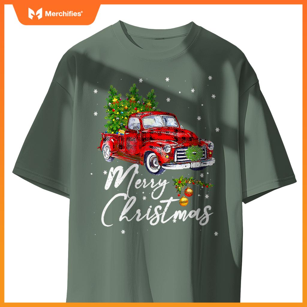 Merry Christmas Wagon Red Truck Pajama Family Party T-Shirt