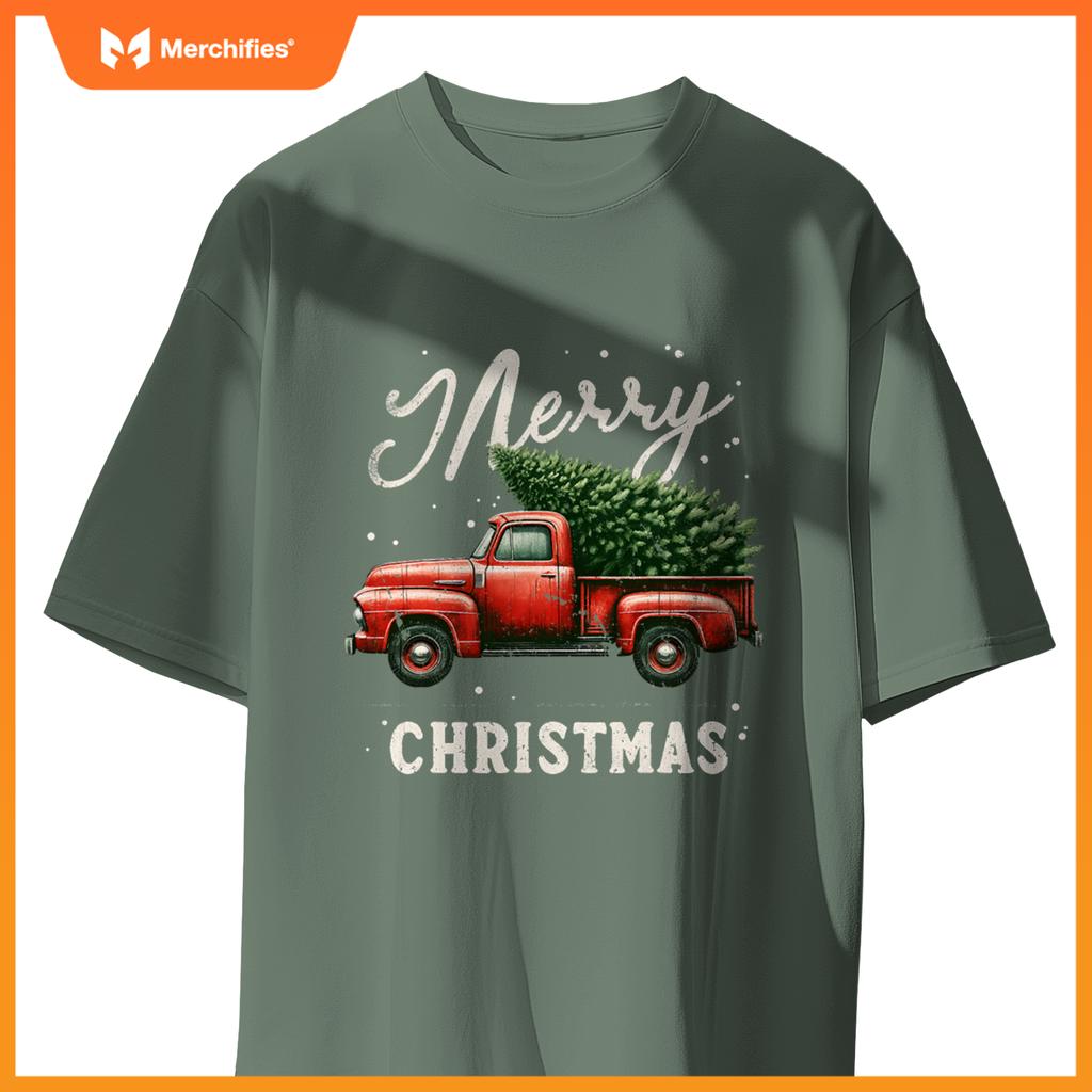 Merry Christmas Tree On Red Truck Wagon Xmas T-Shirt