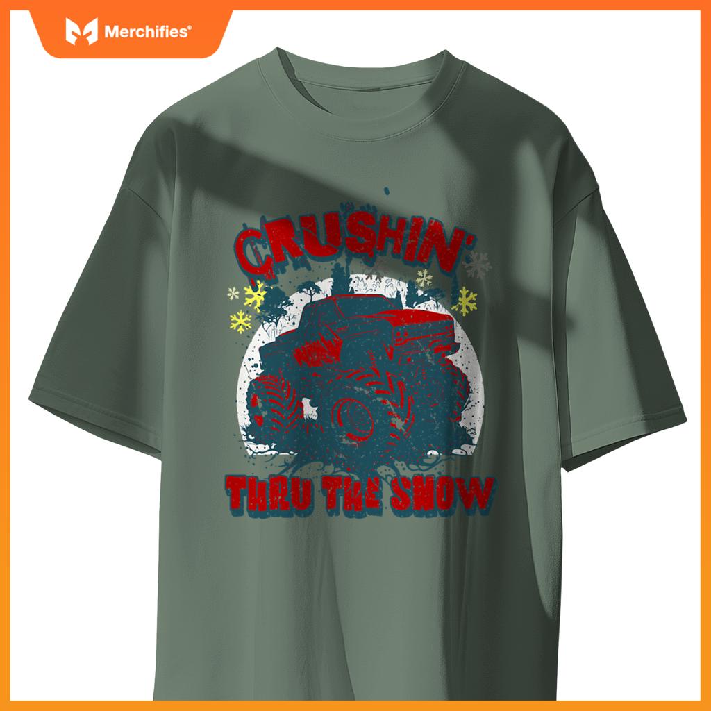 Monster Truck Crushin Thru Snow Winter Boys Man T-Shirt