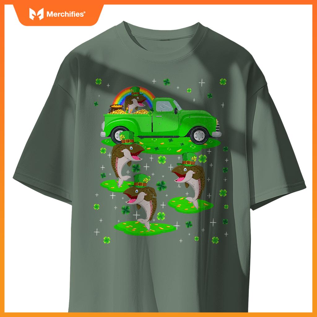 Irish Shamrock Green Truck On Salmon Fish St Patricks Day T-Shirt