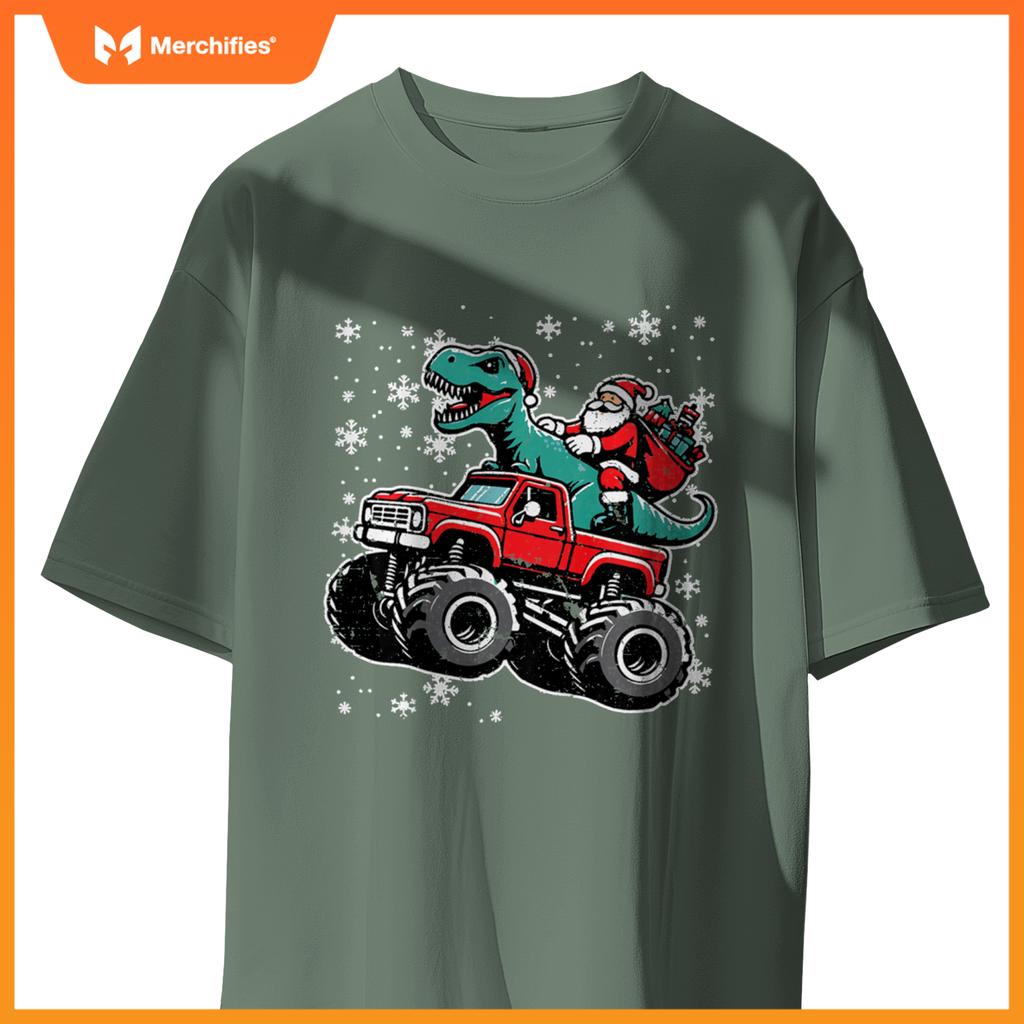 Kids Christmas Monster Truck Dino Santa Xmas Toddler Boys Kids T-Shirt