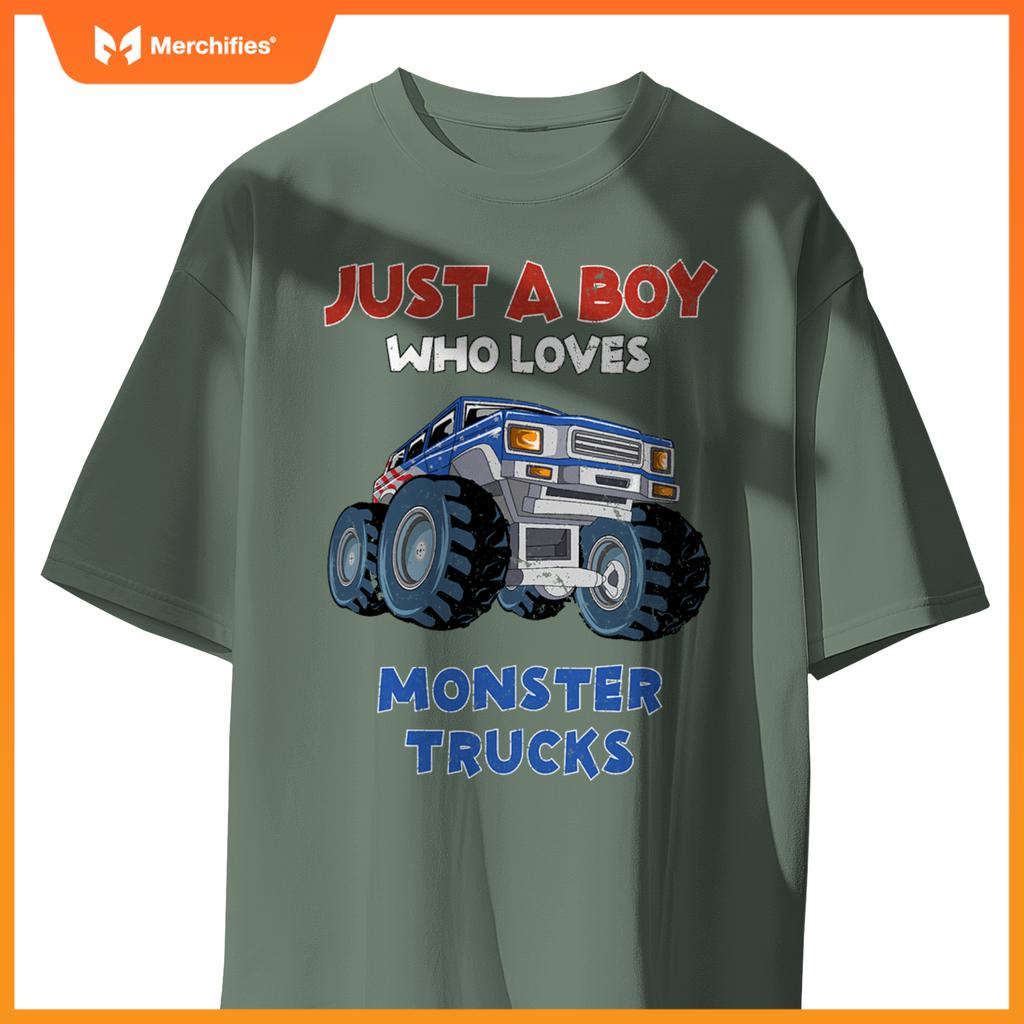 Just A Boy Who Loves Monster Trucks  Monster Truck Kids T-Shirt