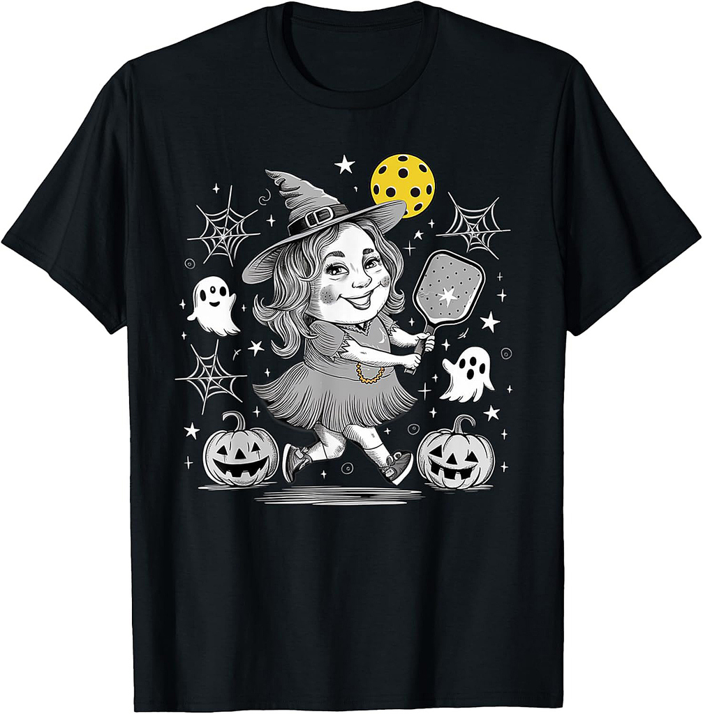 Magical Pickleball Witch Halloween Pumpkin Women Paddle T-Shirt
