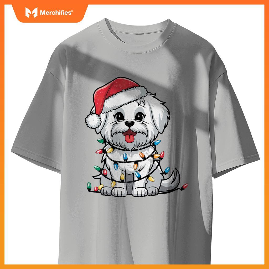 Maltese Christmas Lights Xmas Dogs Gifts for Men Women Kids T-Shirt