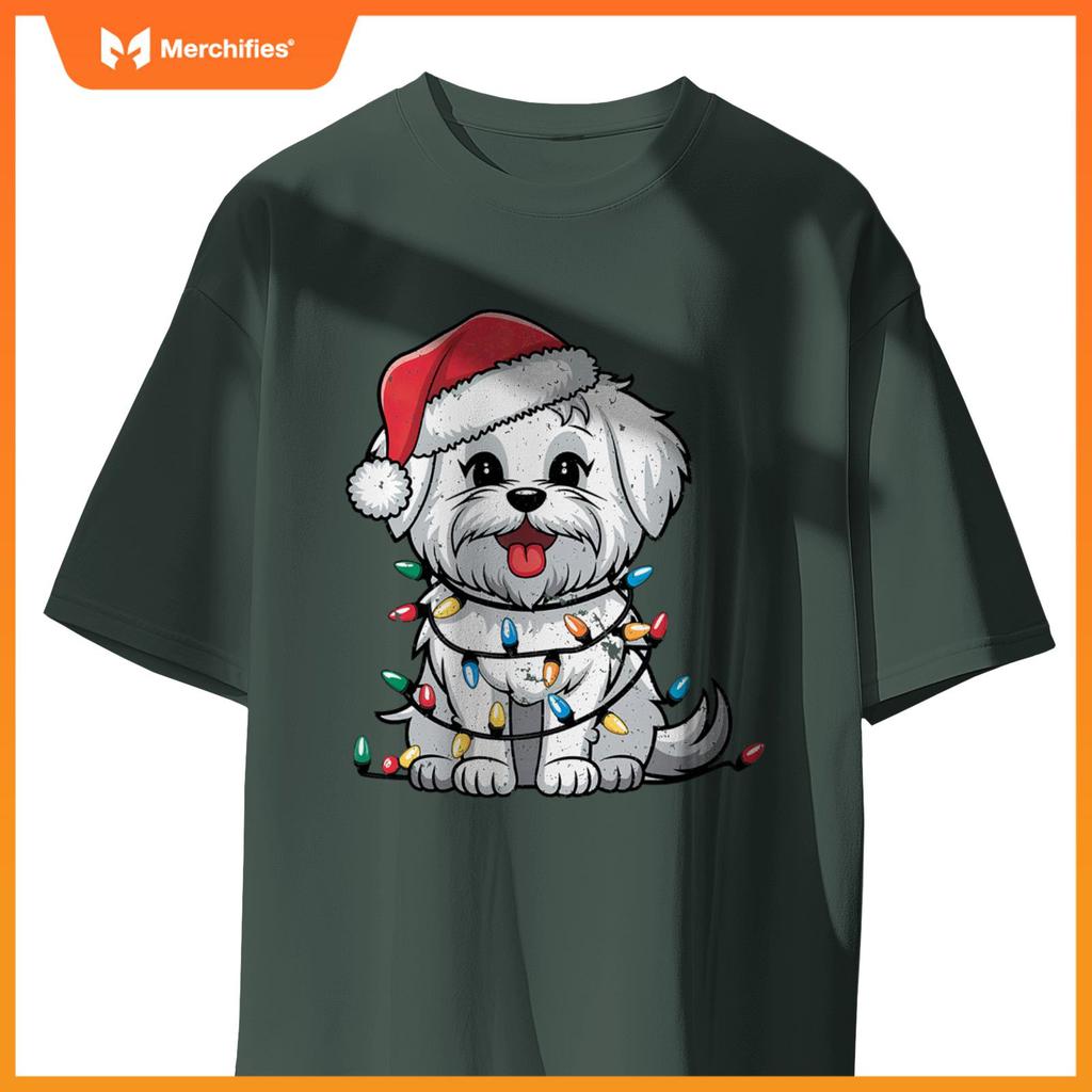 Maltese Christmas Lights Xmas Dogs Gifts for Men Women Kids T-Shirt