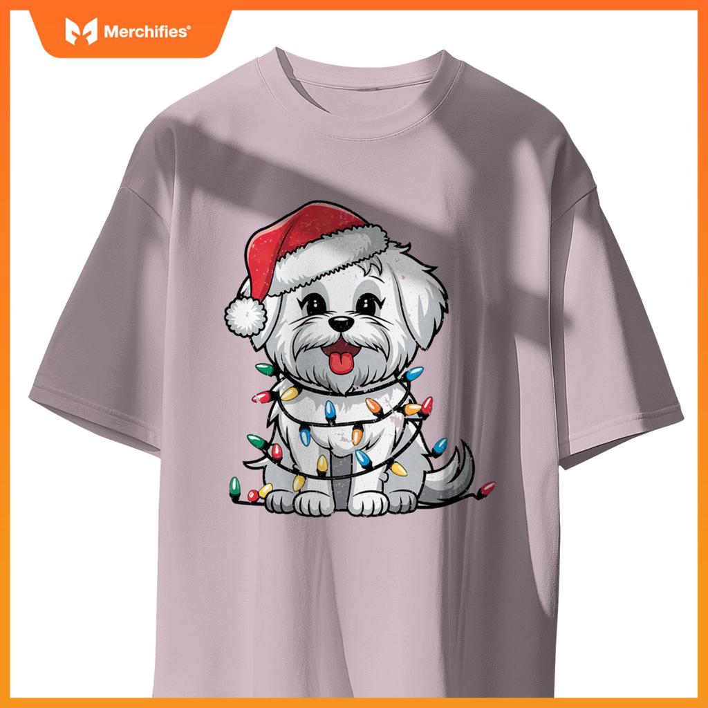 Maltese Christmas Lights Xmas Dogs Gifts for Men Women Kids T-Shirt