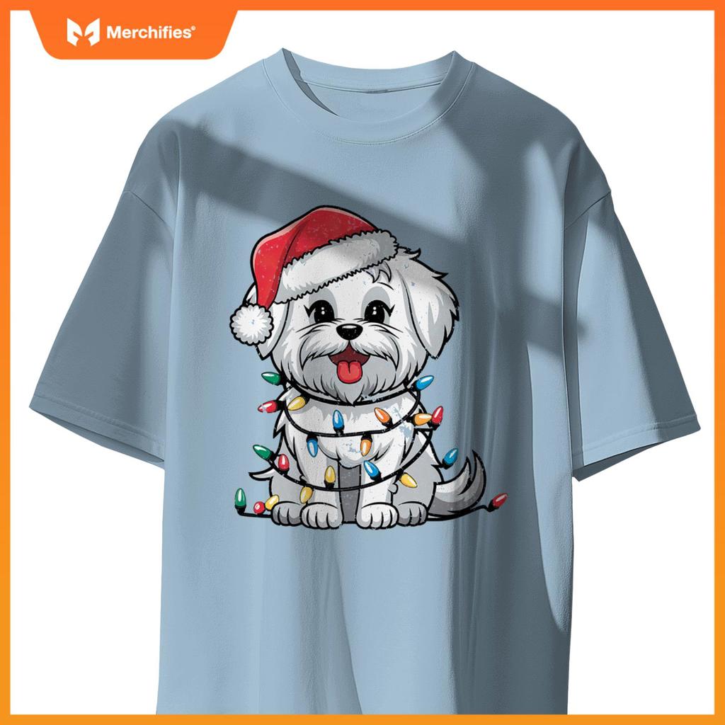Maltese Christmas Lights Xmas Dogs Gifts for Men Women Kids T-Shirt
