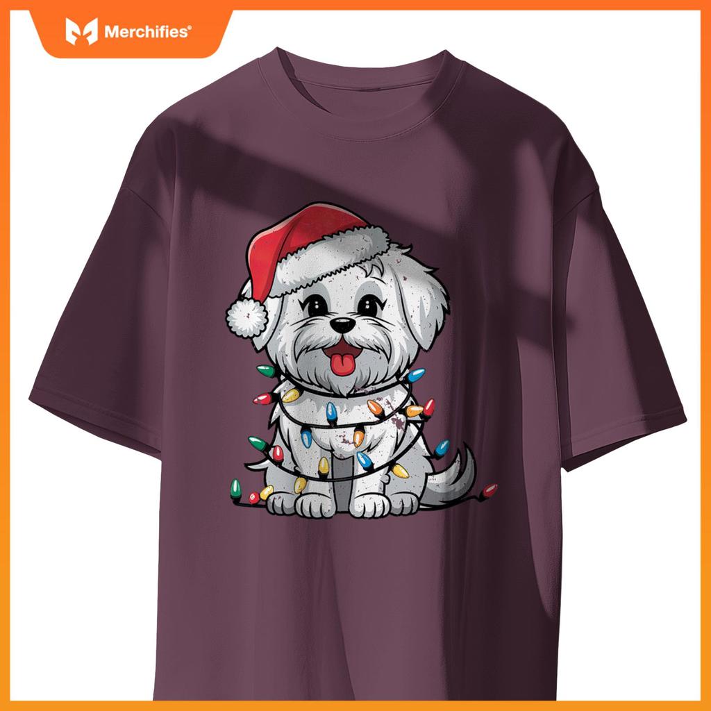 Maltese Christmas Lights Xmas Dogs Gifts for Men Women Kids T-Shirt