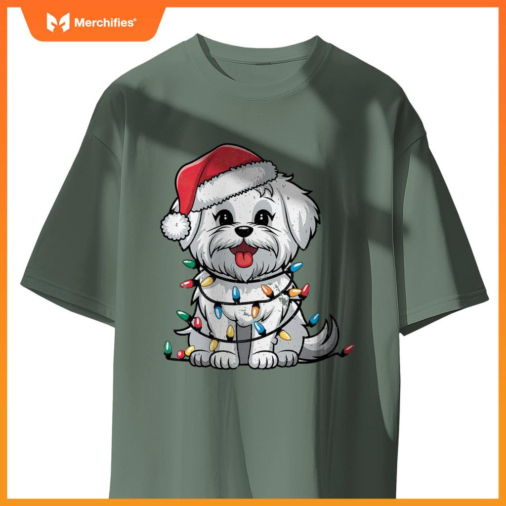 Maltese Christmas Lights Xmas Dogs Gifts for Men Women Kids T-Shirt