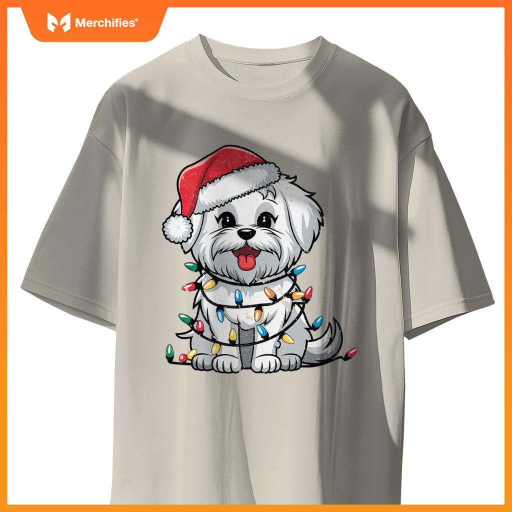 Maltese Christmas Lights Xmas Dogs Gifts for Men Women Kids T-Shirt