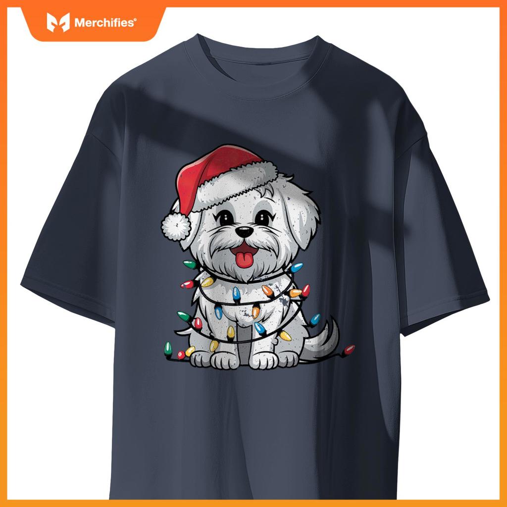 Maltese Christmas Lights Xmas Dogs Gifts for Men Women Kids T-Shirt