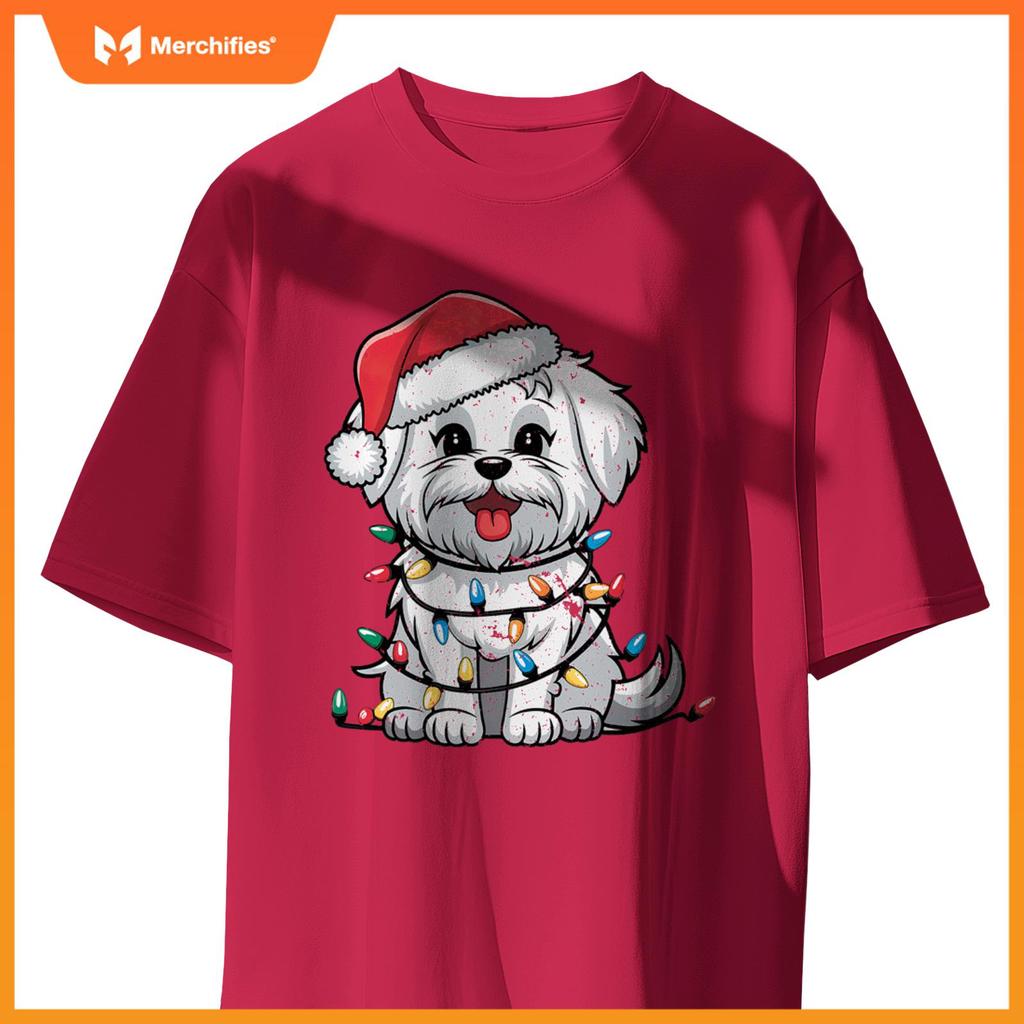 Maltese Christmas Lights Xmas Dogs Gifts for Men Women Kids T-Shirt