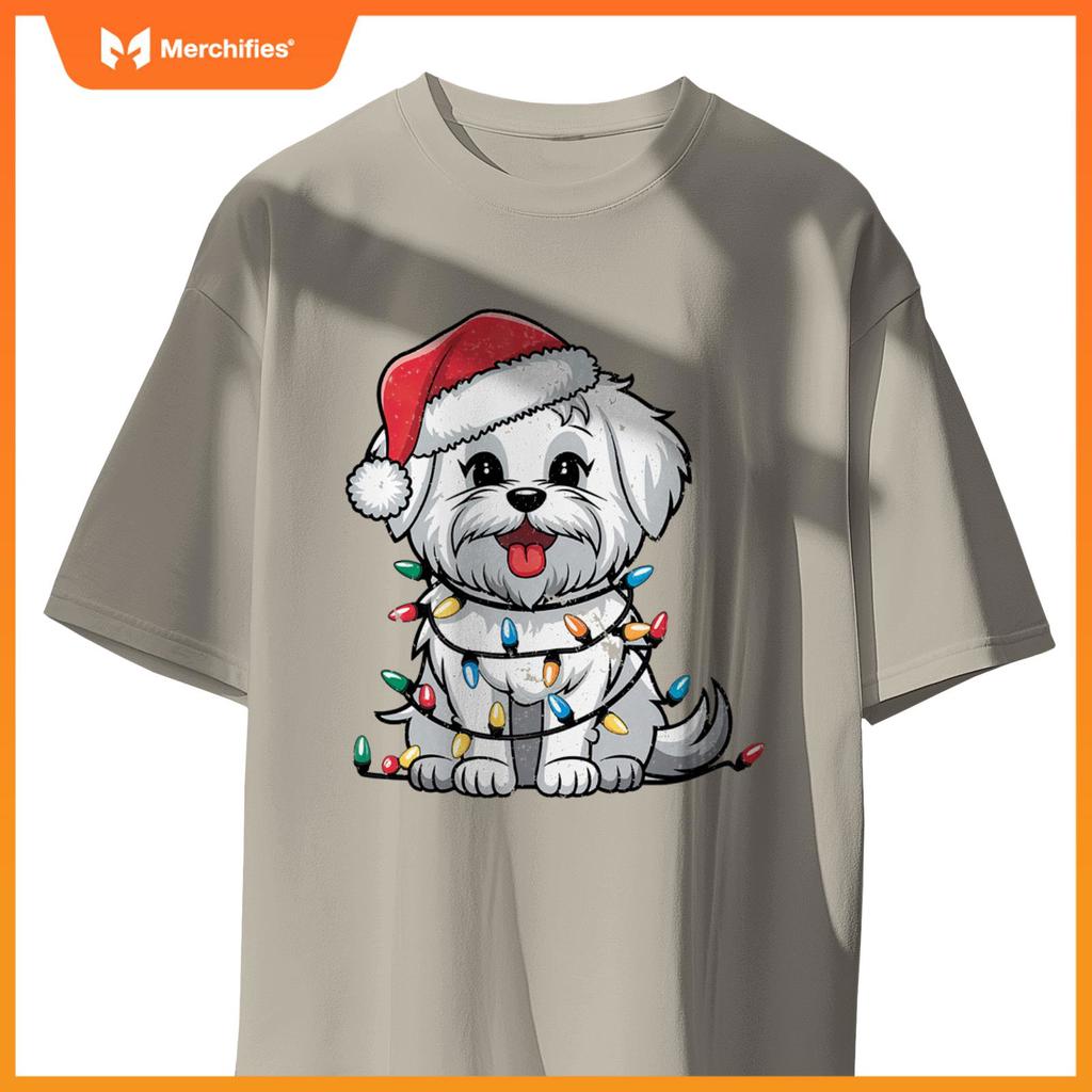 Maltese Christmas Lights Xmas Dogs Gifts for Men Women Kids T-Shirt