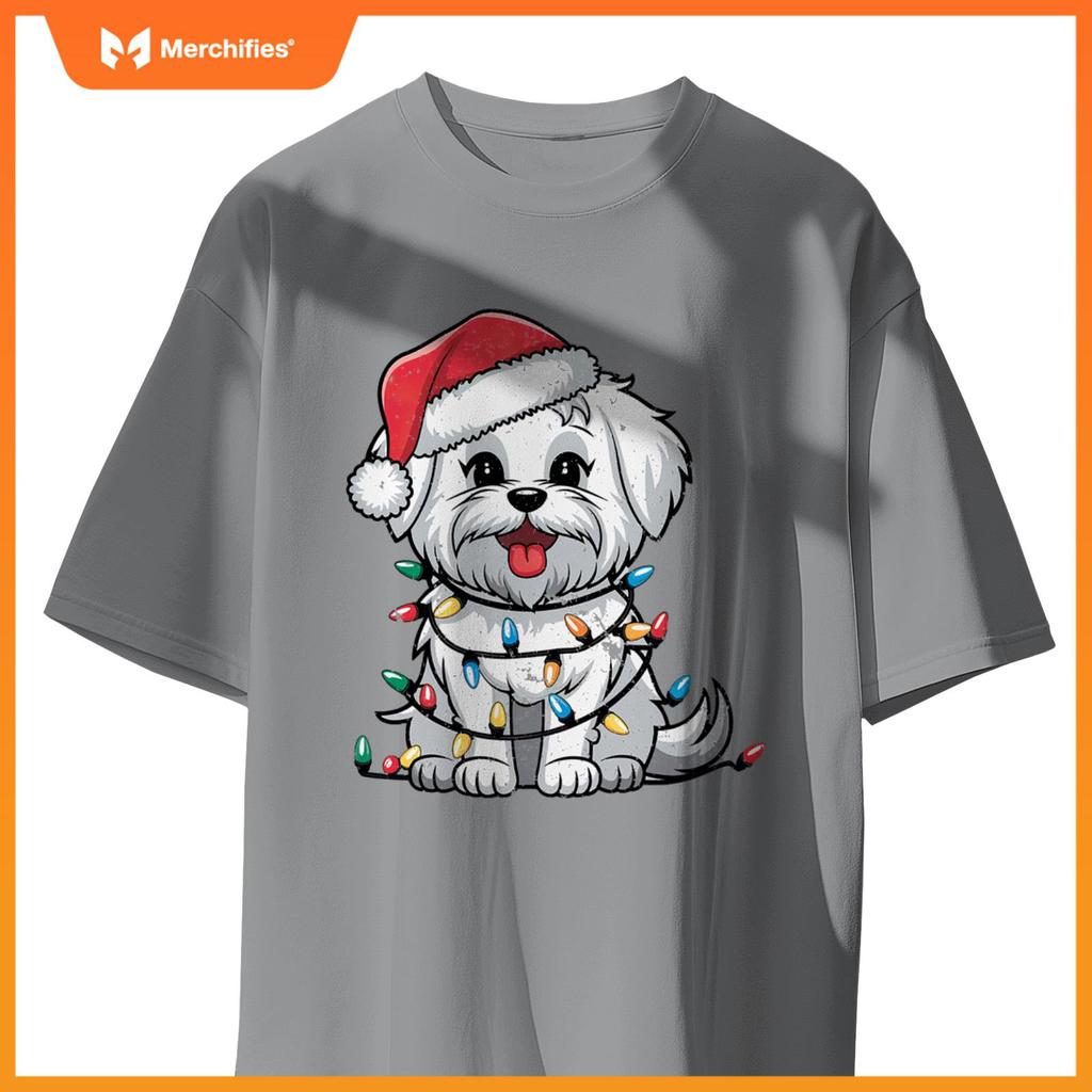 Maltese Christmas Lights Xmas Dogs Gifts for Men Women Kids T-Shirt