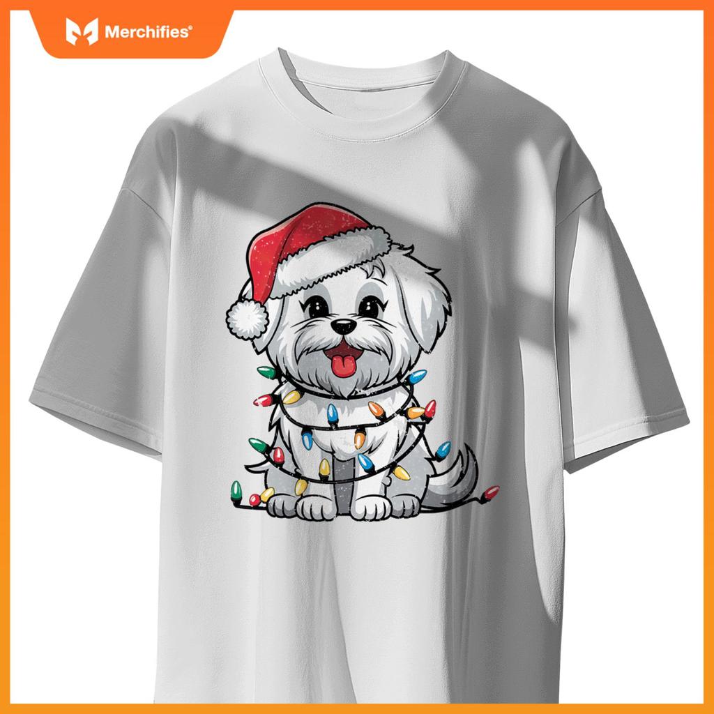 Maltese Christmas Lights Xmas Dogs Gifts for Men Women Kids T-Shirt