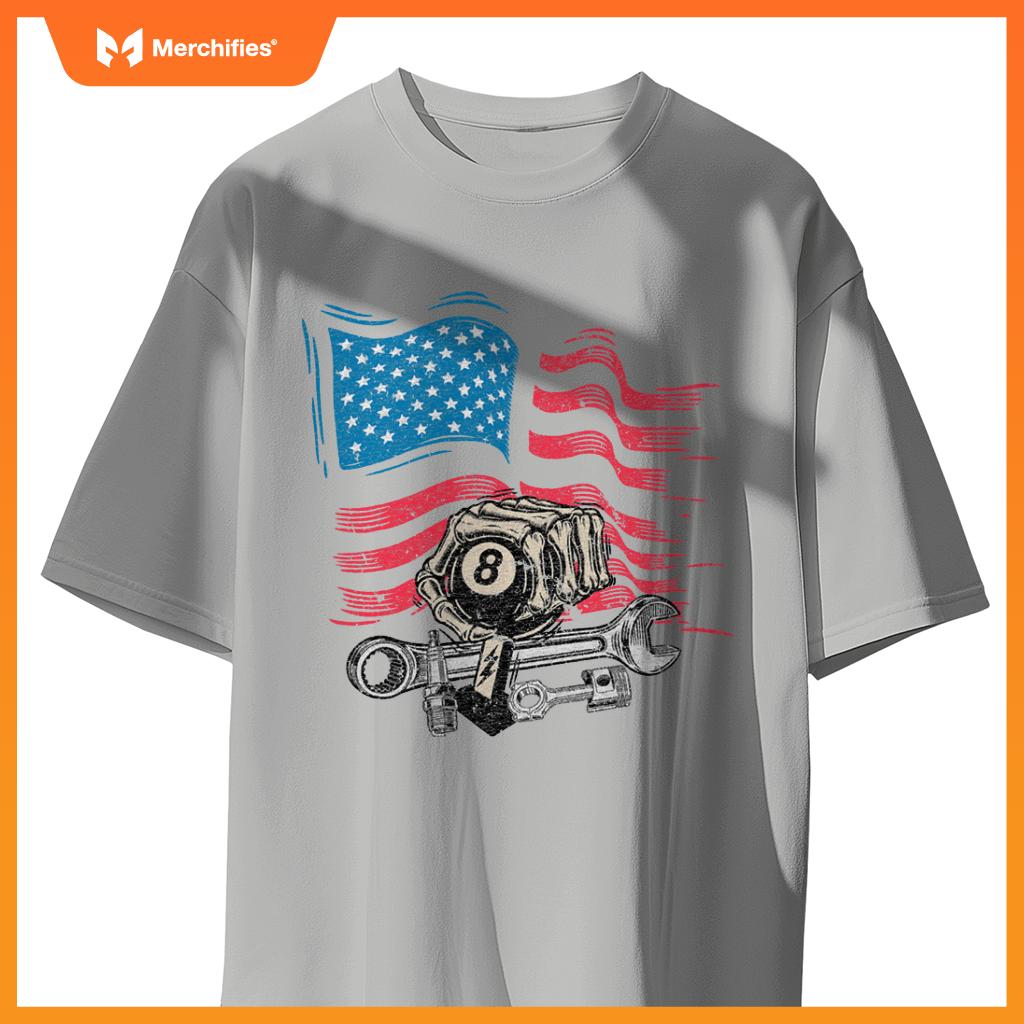 Mechanic Auto Car Repair American Flag Vintage Graphic T-Shirt