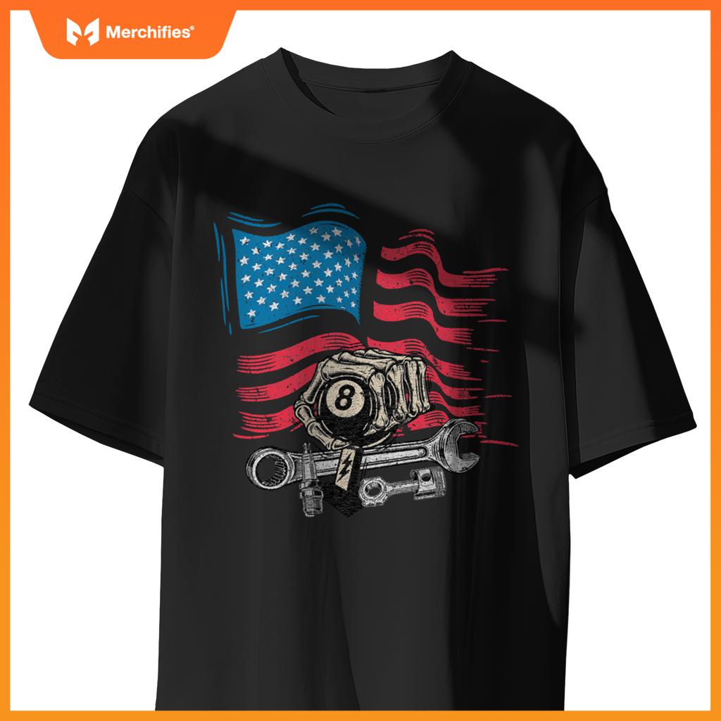 Mechanic Auto Car Repair American Flag Vintage Graphic T-Shirt