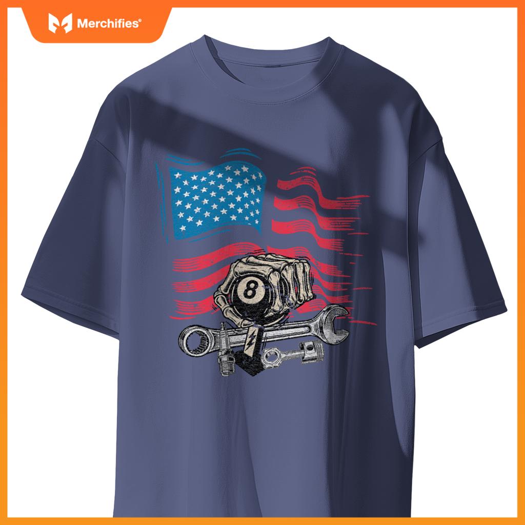 Mechanic Auto Car Repair American Flag Vintage Graphic T-Shirt