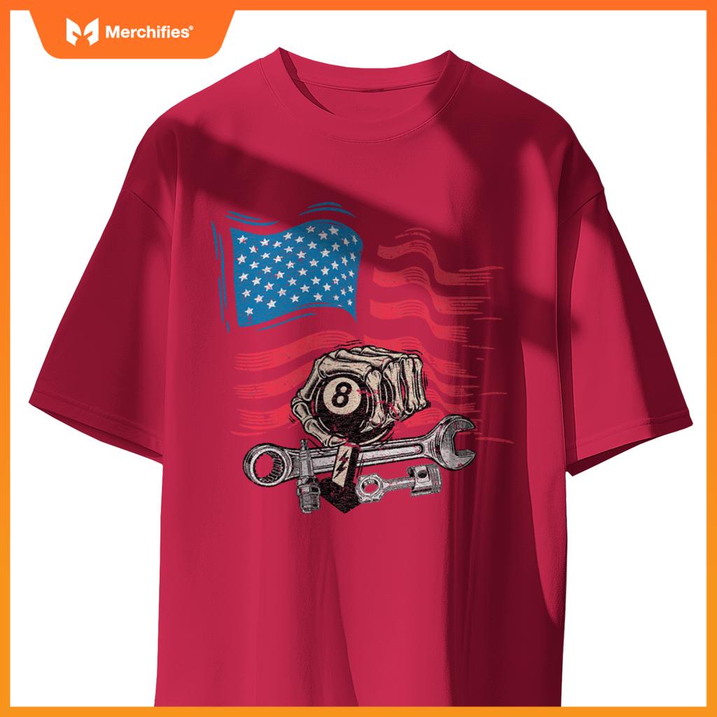 Mechanic Auto Car Repair American Flag Vintage Graphic T-Shirt