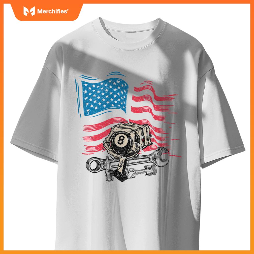 Mechanic Auto Car Repair American Flag Vintage Graphic T-Shirt